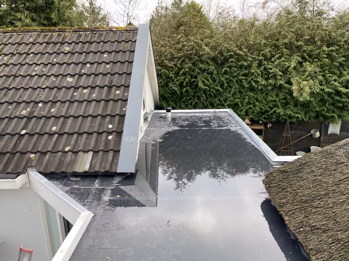 Afgewerkt plat dak met waterplas tussen een pannendak en een rieten dak