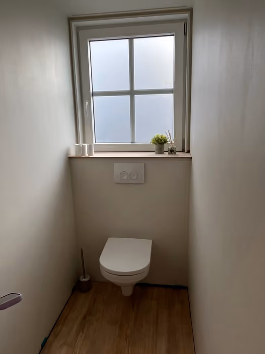 Klein toilet met wandcloset, houten vensterbank en houten vloer